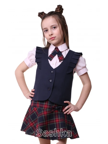 Спідниця для дівчинки Sashka  шкільна з бантом червоно-синя клітинка (напіввовна), розмір 116-146